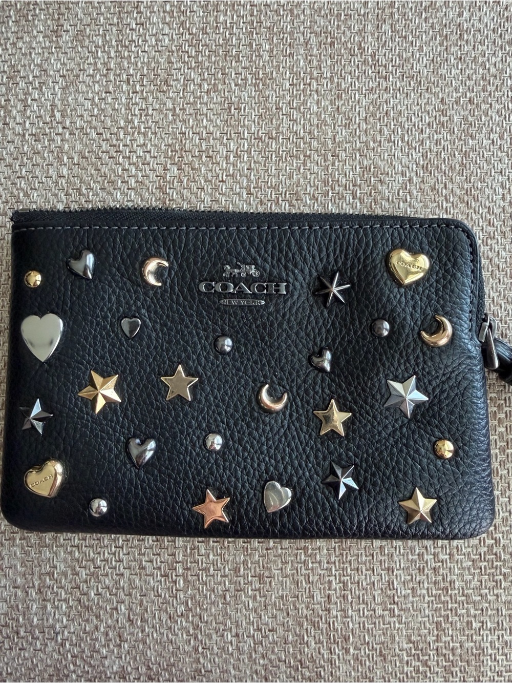 Coach Black Leather Star & Heart Stud Zip wristlet with Mixed Metal-rare